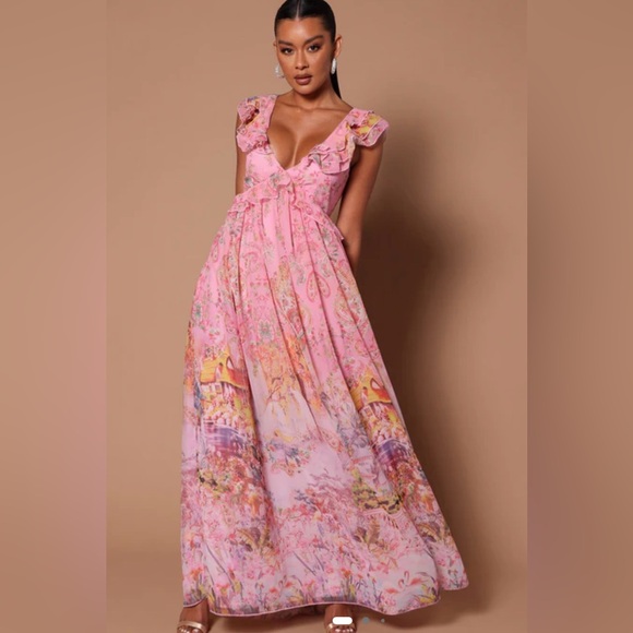 Fashion Nova Katie Ruffle Maxi Dress - Pink Size Large NWT - Picture 1 of 4